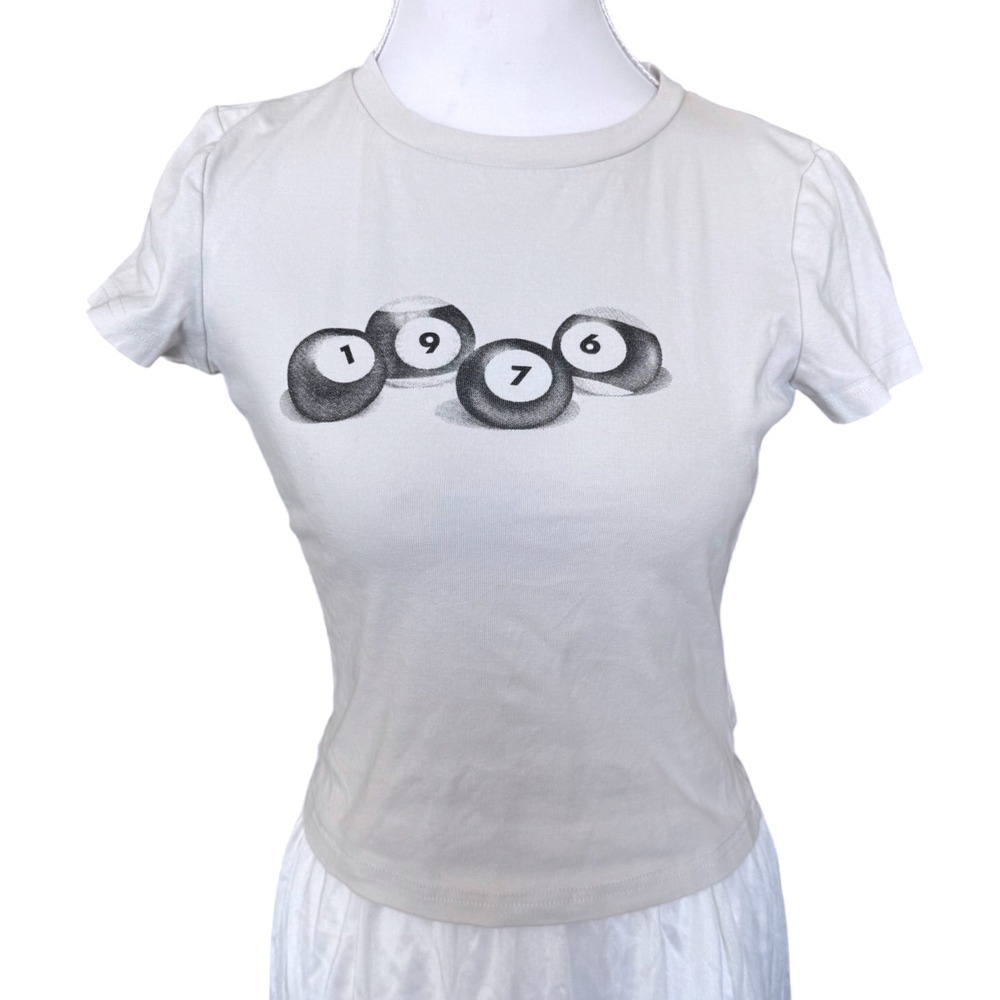 Edikted 1976 Pool Ball Graphic Baby Tee Ribbed Cream Retro Streetwear S